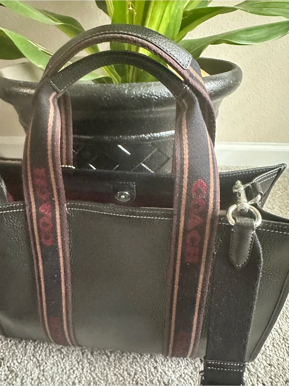 Coach Black Leather Messenger with Brown and Red Branded Web Straps